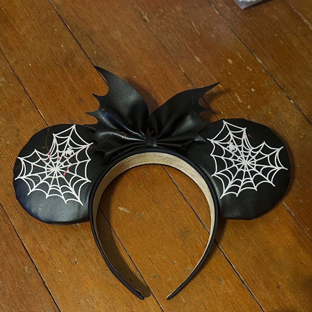 Custom Minnie Ears with Heart Webs and Bat Bow. Glow in the Dark